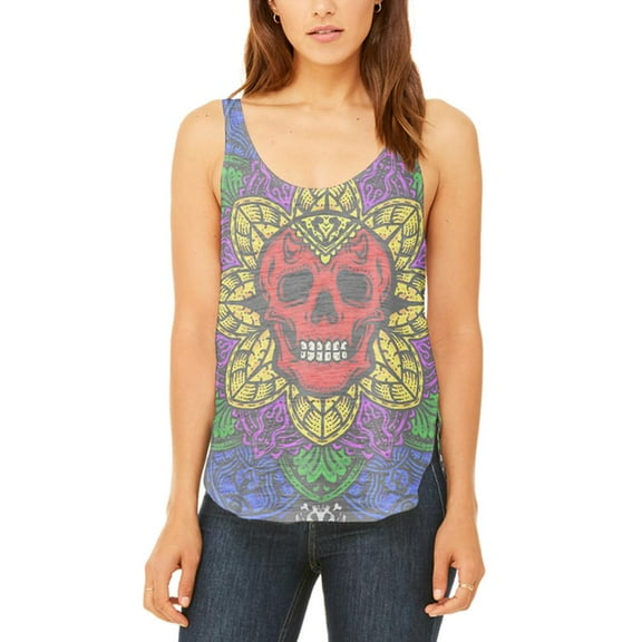 Halloween Demon Skull Mandala Juniors Flowy Side Slit Tank Top Multi LG