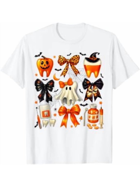Halloween Dental Boo Pumpkin Face Costumes Wom Cute Coquette Holiday T-Shirt, Size S-5XL