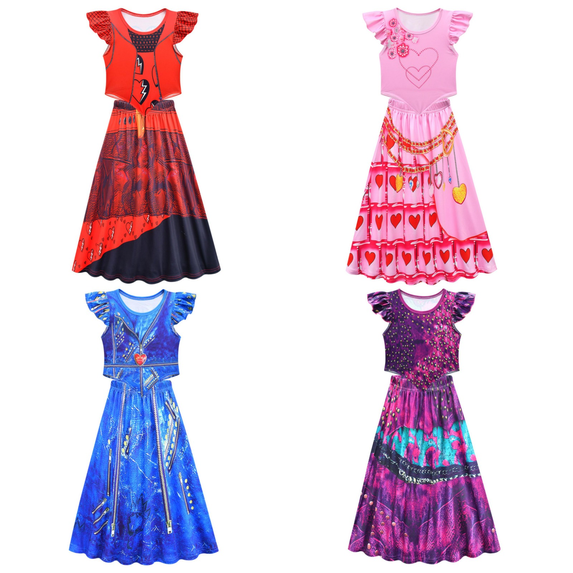 Halloween Descendant4 Costume Princess Dress Up Movie Character Cosplay Two Piece Flutter Sleeve Top Maxi Skirt Set Role Play Costume for Carnival Party,Size 140