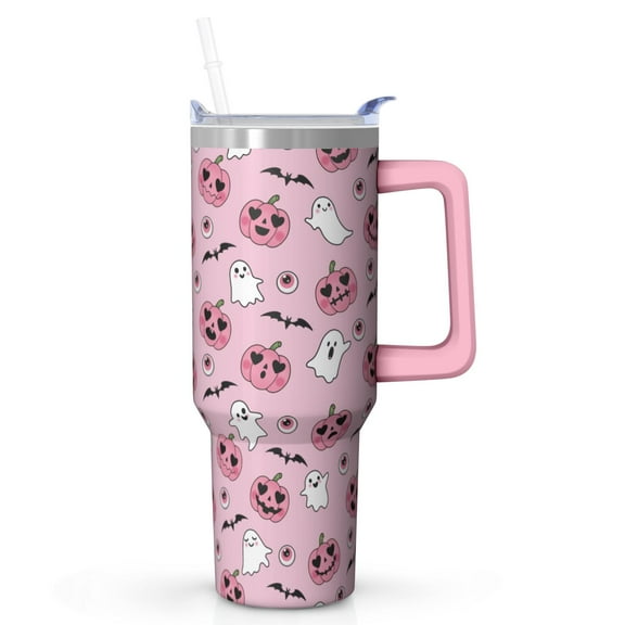 Halloween Design 40oz Tumbler w/Handle - Ghosts/Pumpkins Double Wall Insulated Stainless Steel Cup, Leakproof Lid, Gift Ready