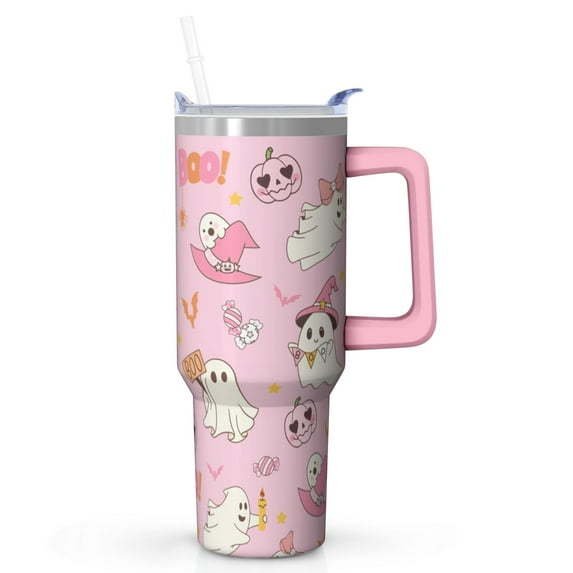 Halloween Design 40oz Tumbler w/Handle - Ghosts/Pumpkins Double Wall Insulated Stainless Steel Cup, Leakproof Lid, Gift Ready