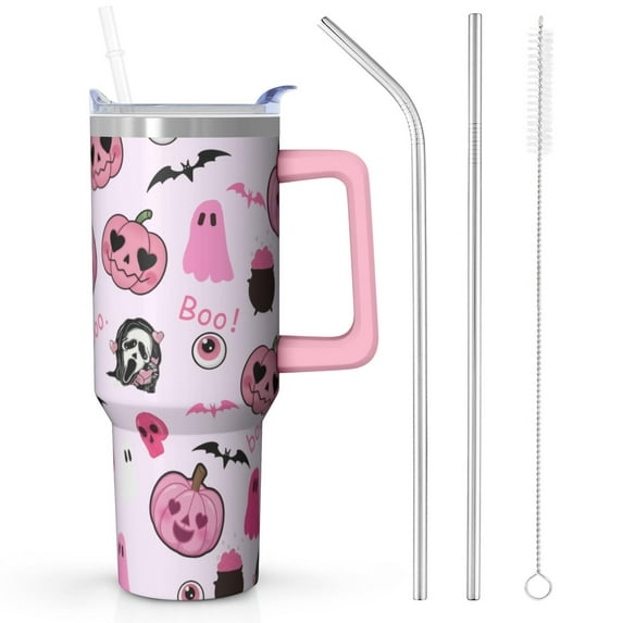 Halloween Design 40oz Tumbler w/Handle - Ghosts/Pumpkins Double Wall Insulated Stainless Steel Cup, Leakproof Lid, Gift Ready