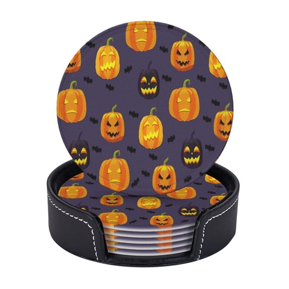 Halloween Design Of Different Pumpkin And Bat Coasters With Leather Holder Set Of 6 Round Coasters for Home and Kitchen Decor