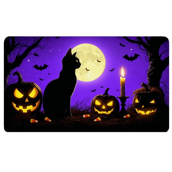 Halloween Desk Mat,A black cat sitting next to three jack-o-lanterns in front of a full moon,Non Slip Mouse Pad,Big Mousepad,Desktop Pad Mat