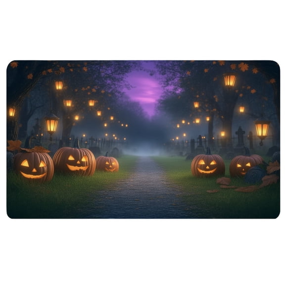 Halloween Desk Mat,A group of jack-o-lanterns sitting on the side of a road in a cemetery,Anti Slip Desk Pad,3mm Thick Desk Mat,Desktop Pad for Keyboard and Mouse