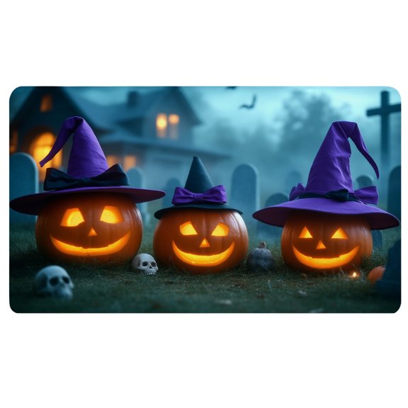 Halloween Desk Mat,A group of three carved pumpkins sitting on top of a grass covered field,Mouse Pad Non Slip,3mm Mouse Pad,Gaming Mouse Pad