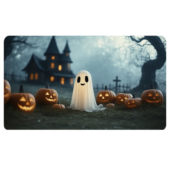 Halloween Desk Pad,A ghost is standing in front of a group of pumpkins,Nonslip Desk Mat,Desk Mouse Pad Large,Laptop Pad for Desk