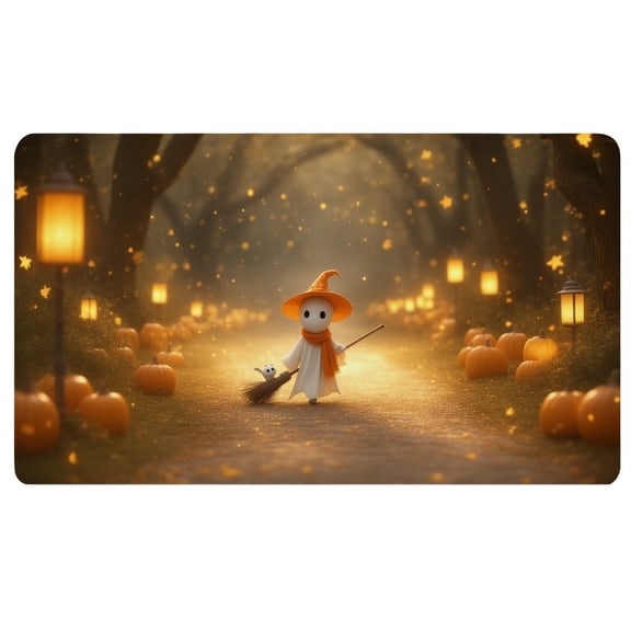 Halloween Desk Pad,A little ghost dressed as a witch with a broom in a halloween scene,Anti Slip Desk Pad,Long Gaming Mouse Pad,Desk Mousepad