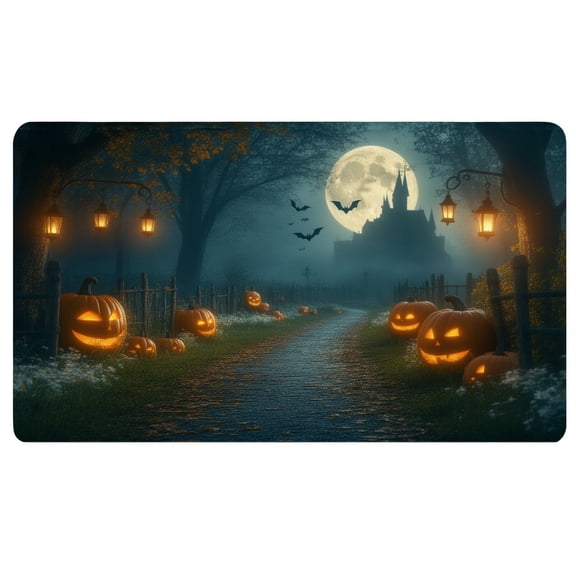 Halloween Desk Pad,A path lined with pumpkins in front of a full moon,Washable Mouse Pad,24x14 Desk Pad,Desktop Mat