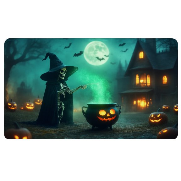Halloween Desk Pad,A skeleton in a witches hat standing next to a cauldron filled with green liquid,Mouse Pad Non Slip,24 In Mouse Pad,Mouse Pad