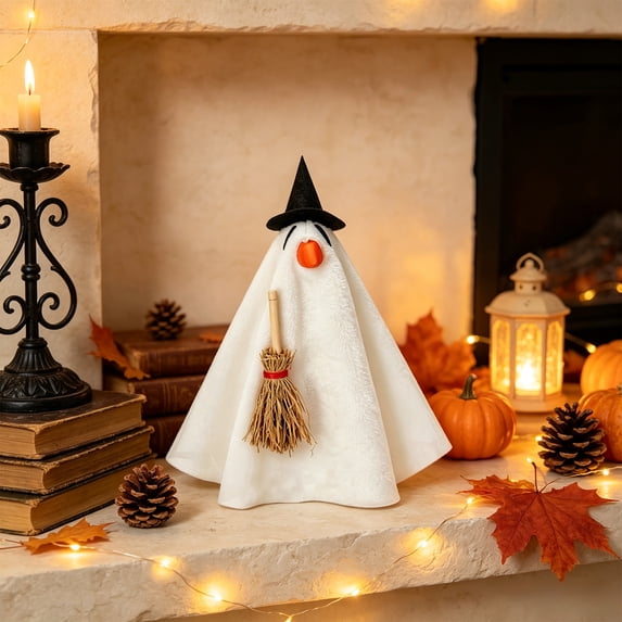 Halloween Desk Set 7in Mini Outfit with Ghost Cape and Witch Hat for Tabletop Figurines Spooky Cute Office Decor Display Items Props Collections Extras Special Edition Deluxe Pack
