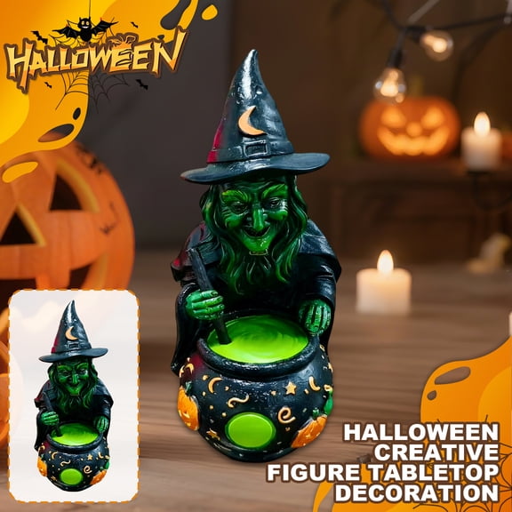 Halloween Desketop Decorations, 1PCS Witch Cauldron Figurine, 5.91" Resin Witch with Glowing Potion for Spooky Tabletop Decor