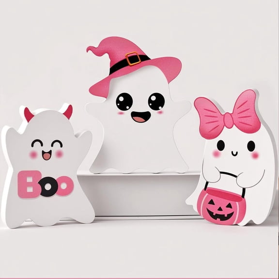 Halloween Desktop Decoration Set Of 3 Cute Ghost Plastic Signs For Indoor Home Office Shelf Mantel Decor