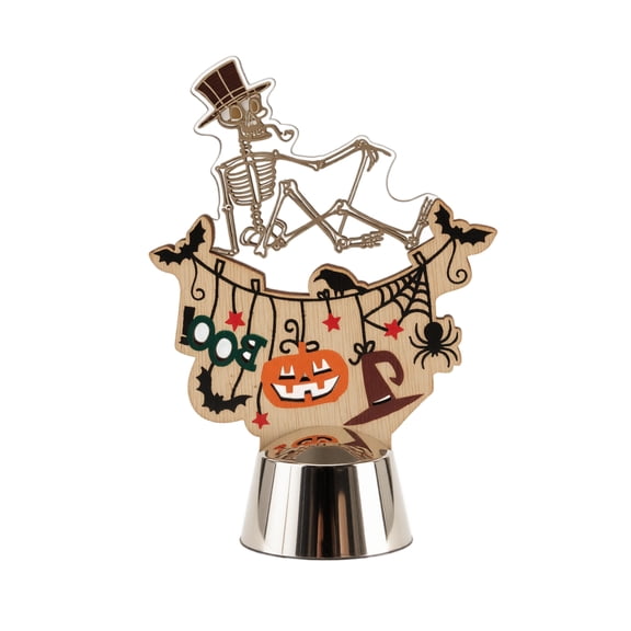 Halloween Desktop Decoration – Witch on Broomstick Silhouette with Pumpkin-Shaped Disc, Bat & Floral Motifs, Metallic Conical Base for Mantel, Shelf or Party Table