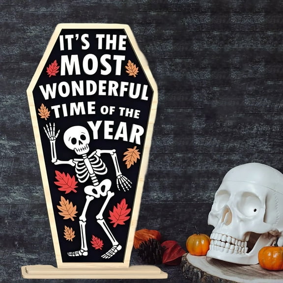 Halloween Desktop Ornament Sign It’s The Wonderful Of The Year Wooden Decoration Gothic Skeleton Farmhouse for Seasonal Holiday Display on Tabletop and Mantel