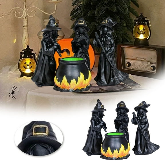 Halloween Desktop Ornament Witch Figurine Set With Glowing Cauldron – Unique Resin Decorations for Indoor Tabletop Gothic Home