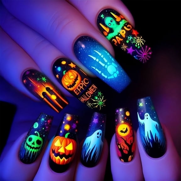 Halloween Detachable Nails, 24 Count Pumpkin Bat Design, Easy Apply Reusable Party Accessories