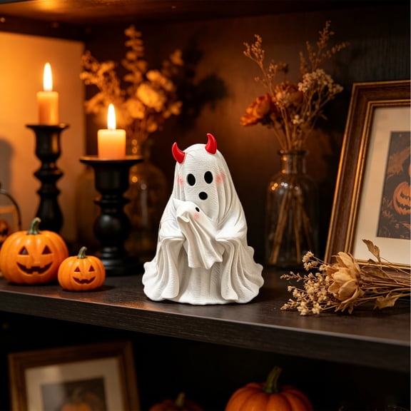 Halloween Devil Ghost Figurine, Horned Blush Ornament, Spooky Shelf Decor, Shows Cute Expression and Holds Mini Ghost for Mantel Display, Coffee Table, and Entryway Console.