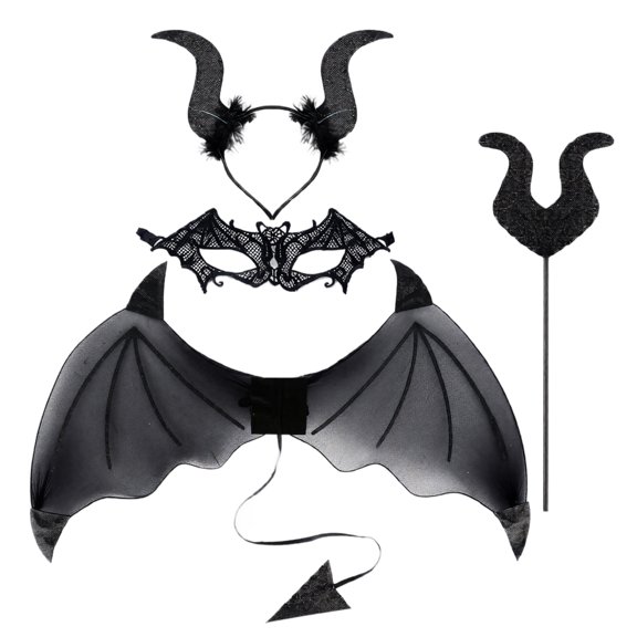 Halloween Devil Horn Headband for Women, 1-Piece Bat Wing Back Accessory with Lace Mask — Gothic Vampire Costume Prop Set Black One Size