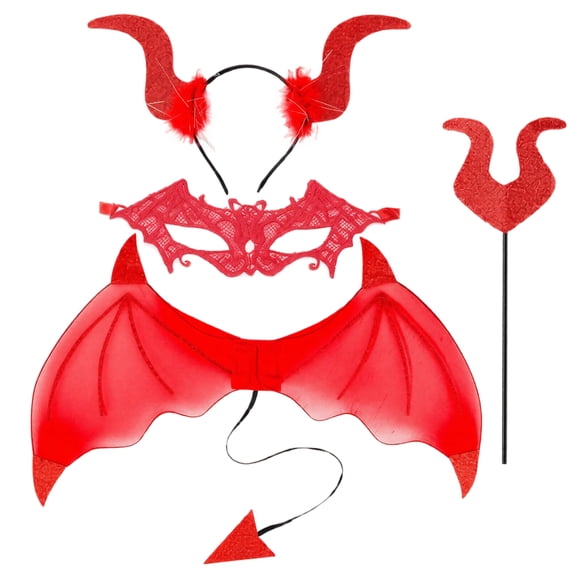 Halloween Devil Horn Headband for Women, 1-Piece Bat Wing Back Accessory with Lace Mask — Gothic Vampire Costume Prop Set Red One Size
