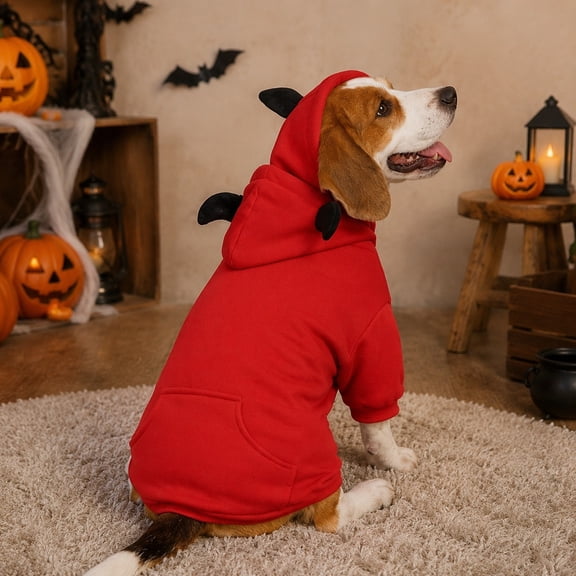 Halloween Devil Horn Pet Hoodie, Red Dog Costume, Chest 31.5in Back 19.7in, Autumn Winter Pet Clothing