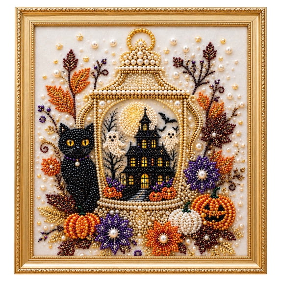Halloween Diamond Art, Diy Framed Halloween Cat and Pumpkins Diamond Painting Kit, Halloween Cat Pearl Art Craft Kit for Halloween Wall Decor, Home Display and Halloween Gifts