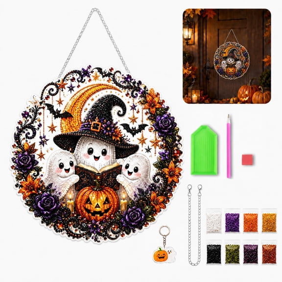 Halloween Diamond Art Hanging Kit for Adults, DIY Acrylic Diamonds Craft Hanging Ornament Board Kit, DIY Rhinestones Diamond Art Window Door Hanging Pendant Halloween Decor Ghost