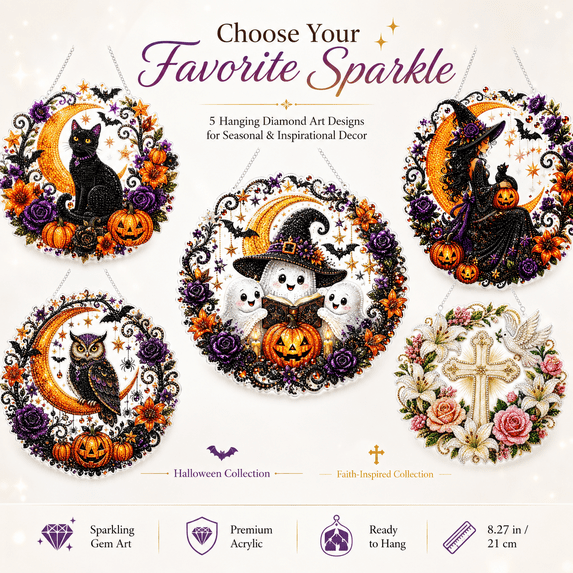 Halloween Diamond Art Hanging Kits for Adults Beginners, DIY Crystal Gem Painting Hanging Ornament, 5D Diamond Art Craft Kit for Halloween Decorations Gift