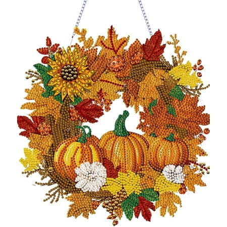 Halloween Diamond Art Hanging Kits for Adults Beginners, Thanksgiving Fall Pumpkin Wreath DIY Acrylic 5D Special Shaped Crystal Diamond Gem Art Painting Hanging Ornament for Home Wall Decor and Gift