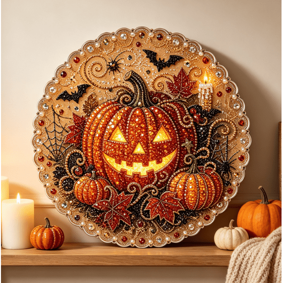 Halloween Diamond Art Hanging Ornaments, DIY Handmade Ornament Making Set, Parent-child Interactive Craft for Indoor Halloween Decoration (Gilded Pumpkin)
