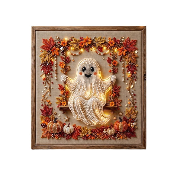 Halloween Diamond Art Kit, 8X8 Inch Light Up Canvas Ghost Design, Spooky Diamond Painting for Adults & Kids, Halloween Home Decor & Party Decoration Set 1 Pack