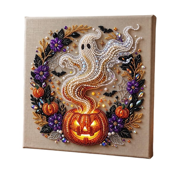 Halloween Diamond Art Kit, Light Up Pumpkin & Ghost Design, 5D Diamond Painting for Adults & Kids, Spooky Halloween Home Wall Decor & Party Decoration 1 Pack