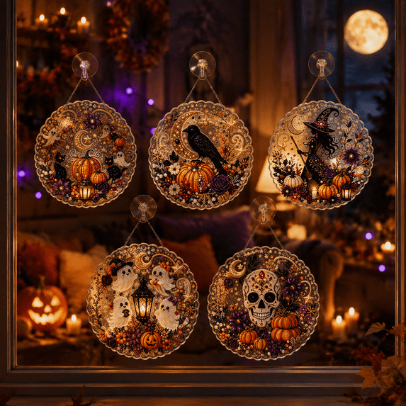 Halloween Diamond Art Kit Pearl Beads, DIY 3D Acrylic Round Suncatcher with Metal Chain, Festive Window Wall Hanging Decor* 1PC