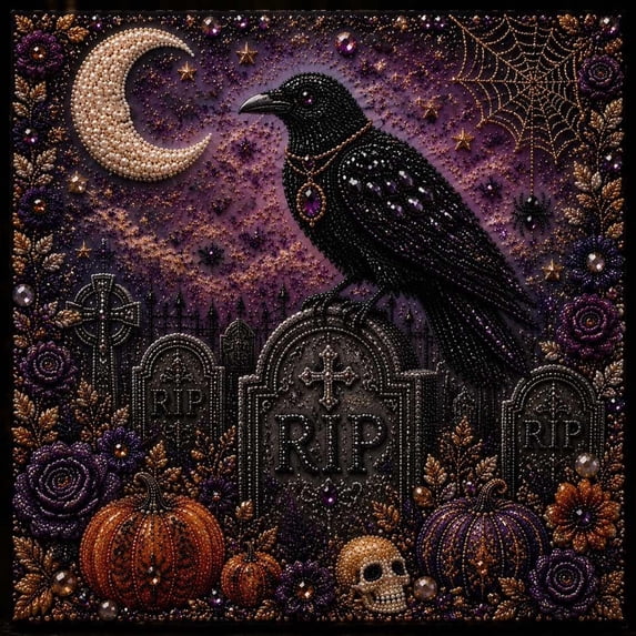 Halloween Diamond Art Kit, Square Shaped Rhinestone Ornament with Crow Pumpkin Moon Flowers Skull Designs, DIY Handmade Art Painting Decoration for Indoor Window Wall Desktop Fireplace Decor, 7.8In