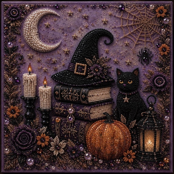 Halloween Diamond Art Kit, Square Shaped Rhinestone Ornament with Pumpkin Black Cat Lantern Books Designs, DIY Handmade Art Painting Decoration for Indoor Window Wall Desktop Fireplace Decor, 7.8In
