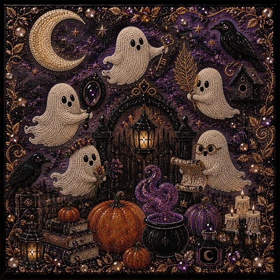 Halloween Diamond Art Kit, Square Shaped Rhinestone Ornament with Pumpkin Moon Ghost Lantern Designs, DIY Handmade Art Painting Decoration for Indoor Window Wall Desktop Fireplace Decor, 7.8In