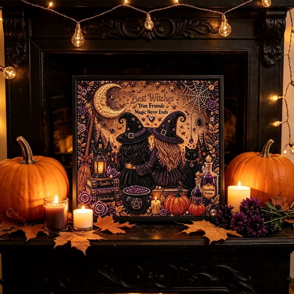 Halloween Diamond Art Kit, Square Shaped Rhinestone Ornament with Pumpkin Moon Witch Black Cat Designs, DIY Handmade Art Painting Decoration for Indoor Window Wall Desktop Fireplace Decor, 7.8In