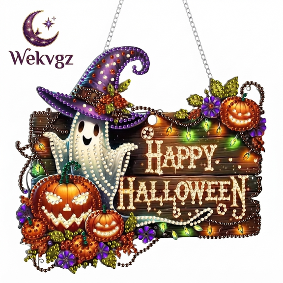Halloween Diamond Art Kit for Adult Acrylic Hanging Diamond Art Painting Kit with Chain Complete DIY Craft Tool Hanging Ornament (Happy Halloween)