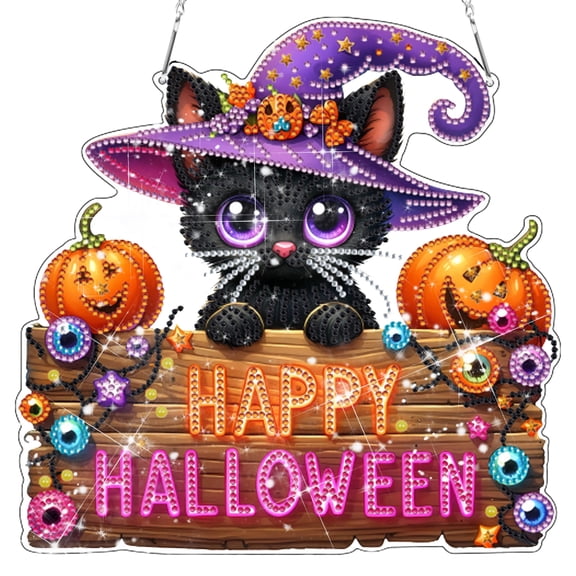 Halloween Diamond Art Kit for Adults, 5D Double Sided Acrylic Hanging Window Ornament, DIY Rhinestone Craft with Chain for Home Decor