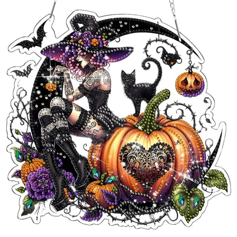 Halloween Diamond Art Kit for Adults, 5D Double Sided Acrylic Hanging Window Ornament, DIY Rhinestone Craft with Chain for Home Decor