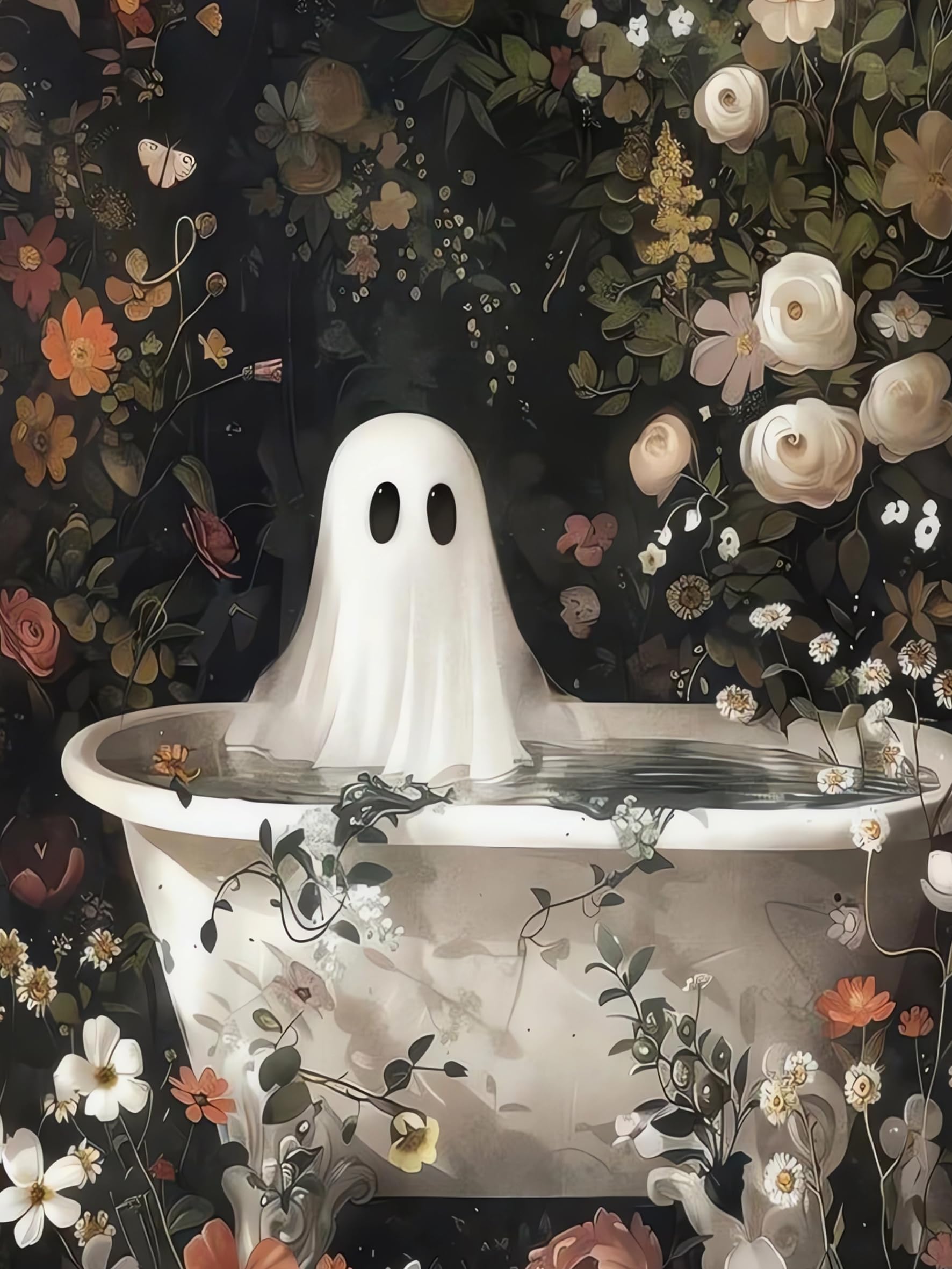 Halloween Diamond Art Kits for Adults, 5D Ghosts Bathing in Flower Forest DIY Full Drill Painting, Home Wall Decor for Living Room, Study, Office, Party, 12x16 Inch
