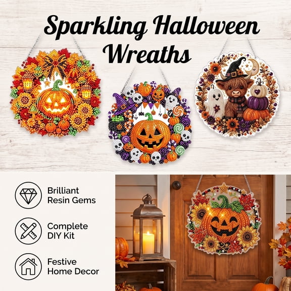 Halloween Diamond Art Painting Kits for Adults Hanging Wreath Kit, DIY Handmade Wall Door Ornament with Chain for Front Door Entryway Holiday Decor by OVFUIZ