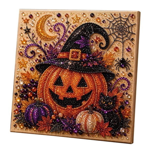 Halloween Diamond Art Pearl Painting Kit, DIY Pearl Art Painting, Halloween Wreath Pearl Diamond Painting Kits, Handmade Gem Dot Picture Craft for Home Wall Decor Pumpkin Wreath7.86*7.86in