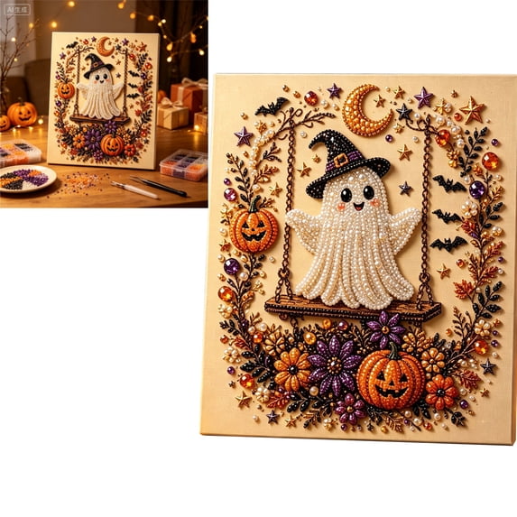 Halloween Diamond Painting Craft Kit, Complete Rhinestone Art Supplies for Adults, Spooky Wall Hanging Decor & Seasonal Gift