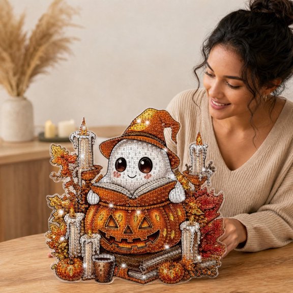 Halloween Diamond Painting, Diamond Art Kit, Halloween Craft Set, Complete DIY Kit with Pre-Printed Canvas and Sparkling Beads, Includes Hanging String for Window Wall Doorway Display