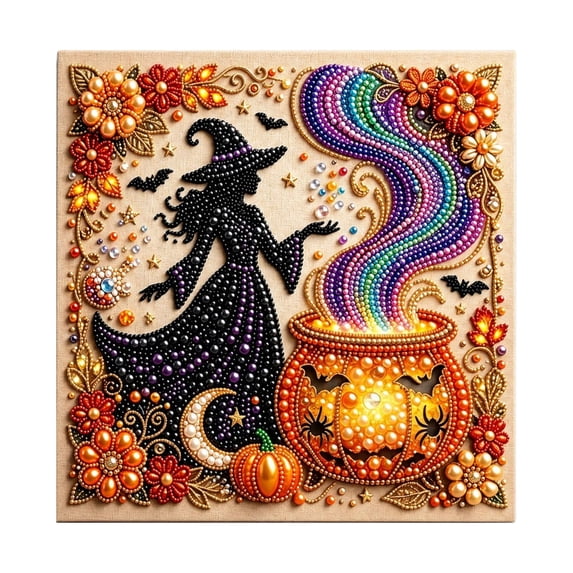 Halloween Diamond Painting Kit, Diy Halloween Witch With Bubbling Cauldron Diamond Painting Kit, Halloween Witch Pearl Art Craft Kit for Halloween Wall Decor, Home Display and Halloween Gifts