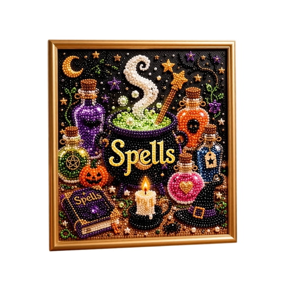 Halloween Diamond Painting Kit, Magic Spells Theme DIY Rhinestone Art Set with Gold Decor Frame, Handmade Craft for Home Decor, Holiday Party Gifting