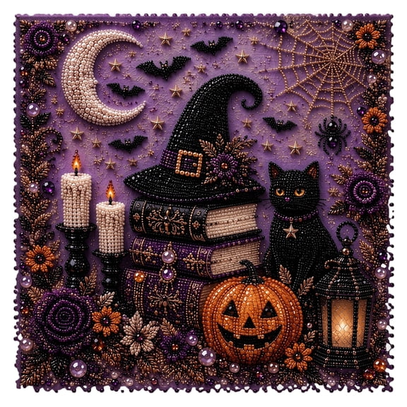 Halloween Diamond Painting Kit for Kids, Witch Hat Black Cat Pumpkin Pearl Art Craft Set, 5D Full Drill DIY Decor Party Favors Gift Ages 6+