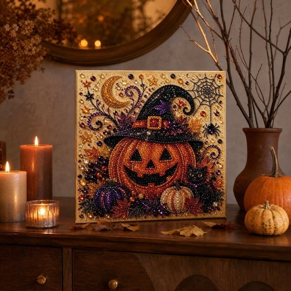 Halloween Diamond Painting Kits for Adults, 3D Pearl Art Craft Set with Frame, Pearl Bead Embroidery Paint by Numbers Kit for Gothic Home Wall Decor,E
