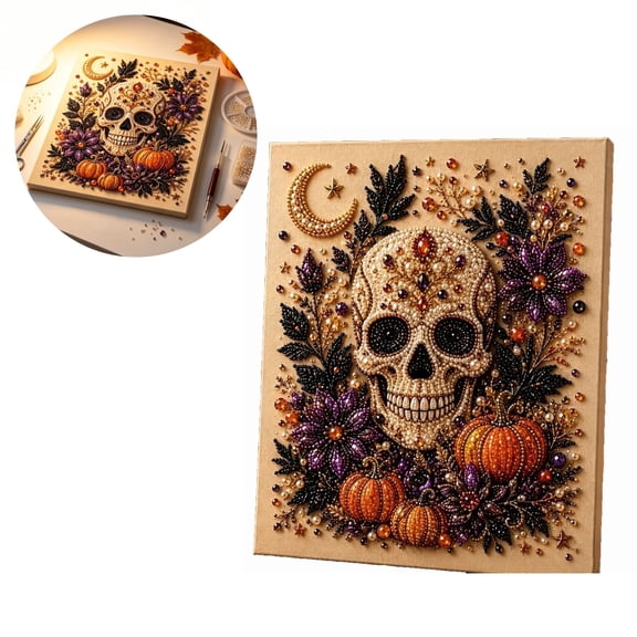 Halloween Diamond Paintings Kits for Beginners,Full Round Drill Diamond Arts Kits for Adults,Gothic Skull Pumpkin Paint by Diamond,DIY Diamond Painting Dot Gem Art, for Home Wall Decor